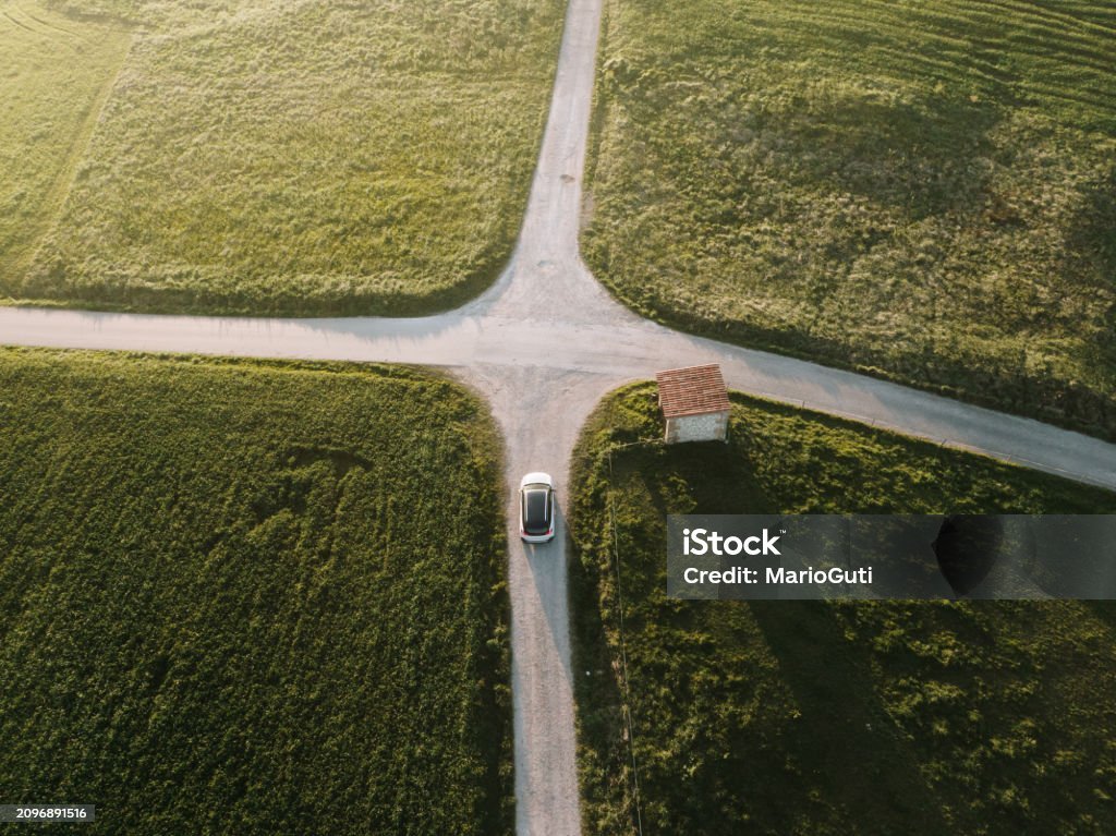 Overhead of a car at a cross road