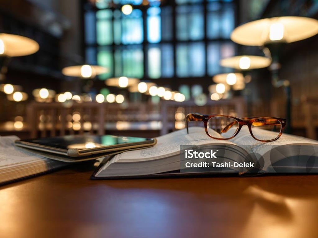 Books and eyeglasses on table in large library